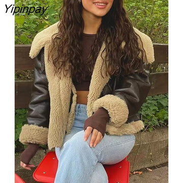 Yipinpay Women Winter Faux Fur Fleece Coat 2023 Fashion Thicken Fur All-in-One Zip Overcoat Locomotive Lapel Warm Outwear
